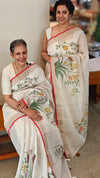 Off white base linen tissue saree - Hand painted- Lilac and mustard flowers - 6DE3