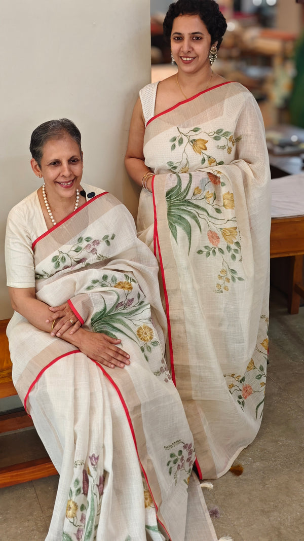 Off white base linen tissue saree - Hand painted- Lilac and mustard flowers - 6DE3