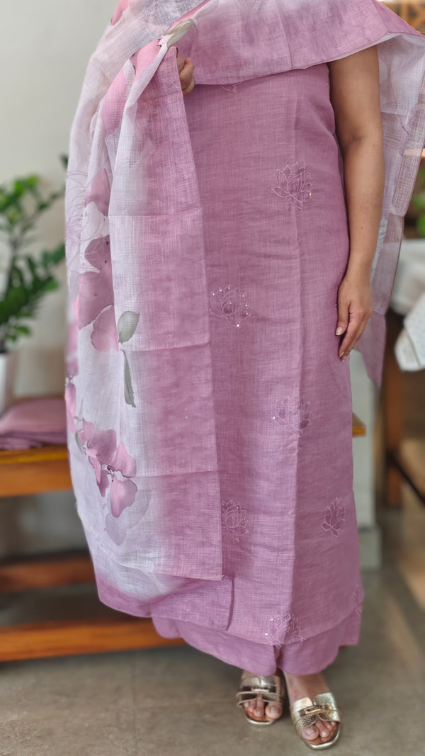 RH64 - Lilac applique embroidered linen cotton suit