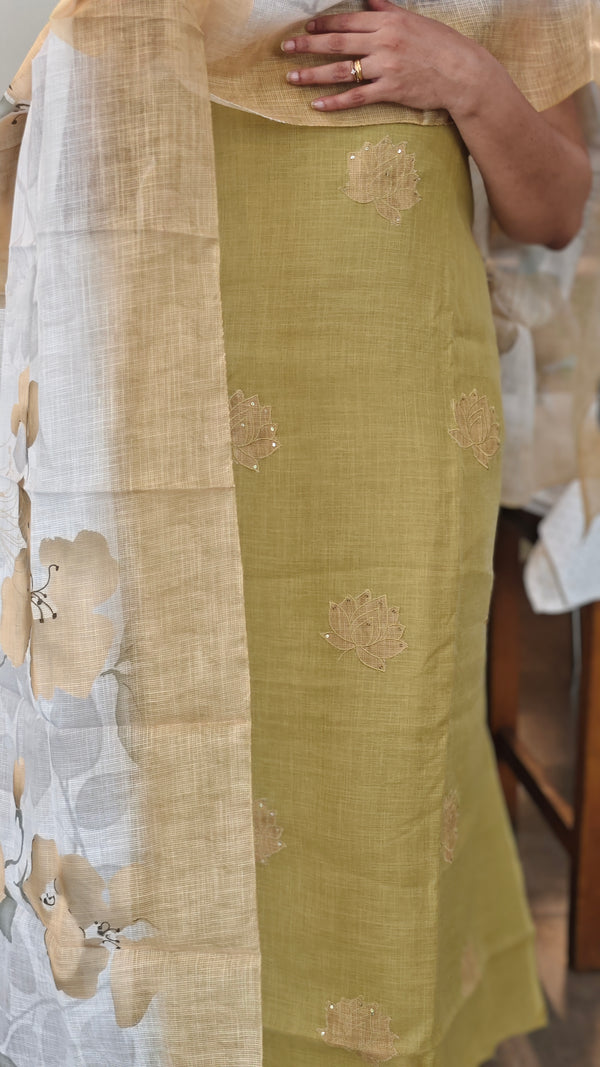 RH64 - Mustard applique embroidered linen cotton suit