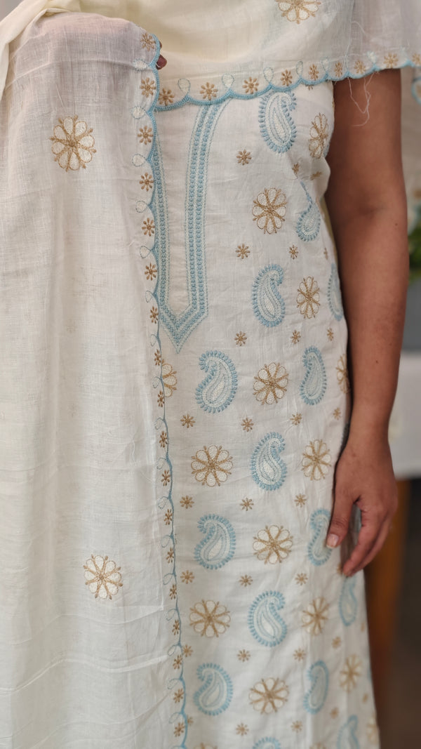 Off white and blue embroidered cotton suit