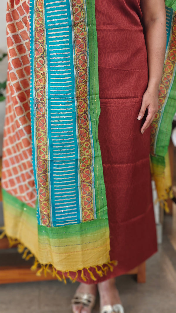 Brown semi tussar silk suit