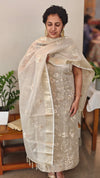Golden cream embroidered tissue kota suit