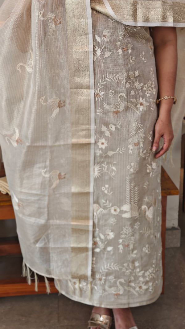 Golden cream embroidered tissue kota suit