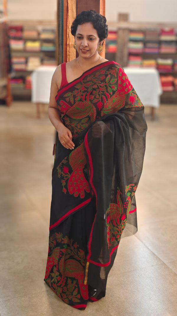 Black embroidered net kota saree