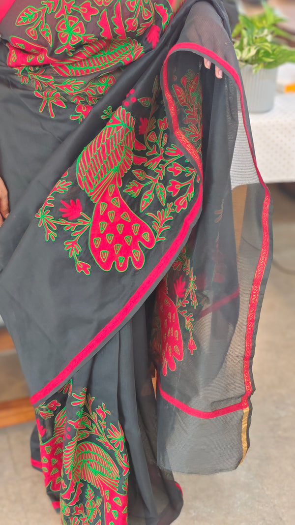 Black embroidered net kota saree