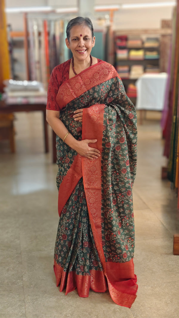 Green and red chanderi banarasi silk saree