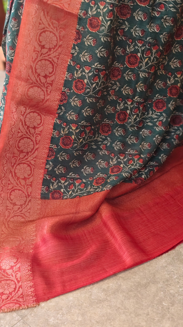 Green and red chanderi banarasi silk saree