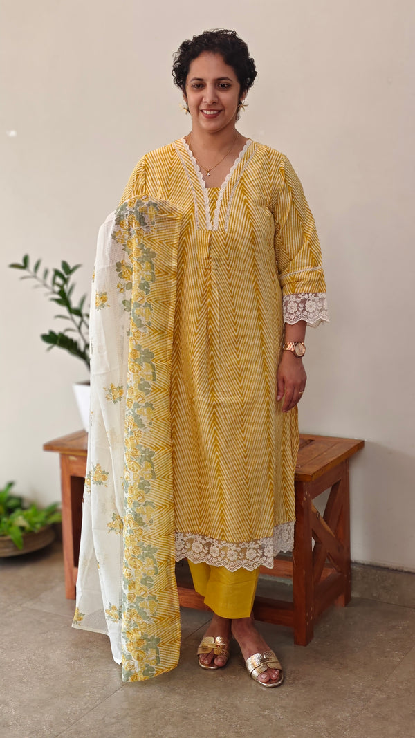 Yellow printed cotton kurti set