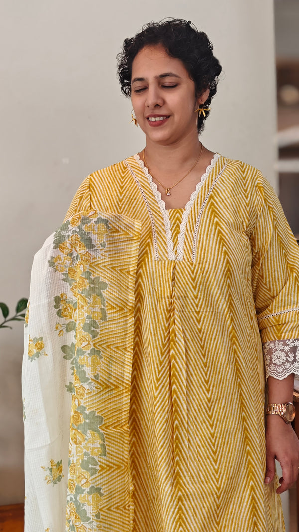 Yellow printed cotton kurti set