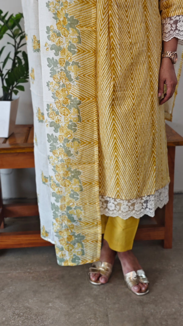 Yellow printed cotton kurti set