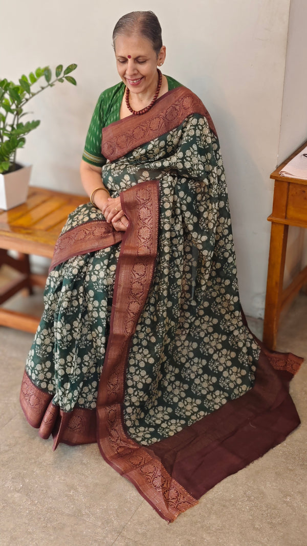 Green and wine chanderi banarasi silk saree