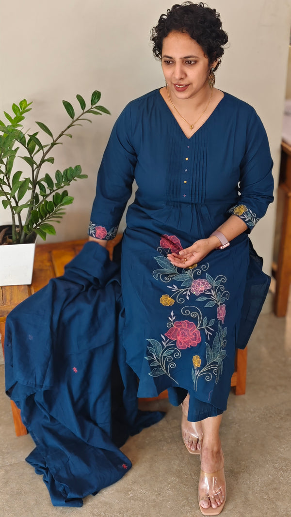 Blue floral embroidered cotton kurti set