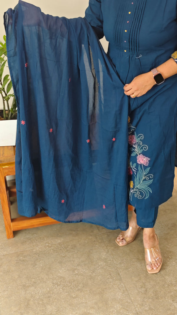 Blue floral embroidered cotton kurti set