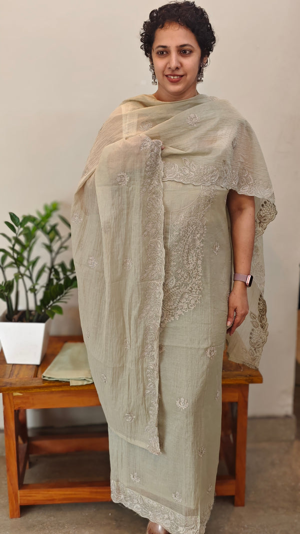 Sage green mul chanderi suit - 8191