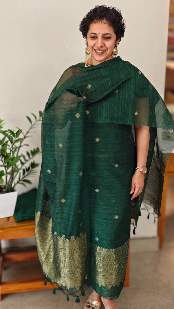 Dark green linen chanderi banarasi suit - 12009