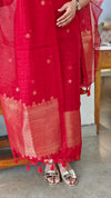 Chilli red chanderi linen banarasi suit - 12009