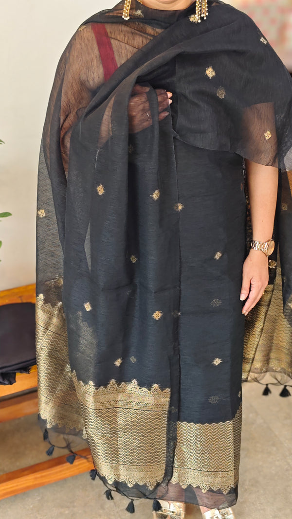 Jet black linen chanderi banarasi suit - 12009
