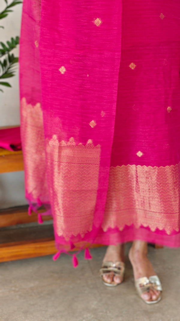 Hot pink chanderi linen banarasi suit - 12009