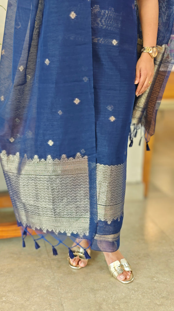 Navy blue chanderi linen banarasi suit - 12009
