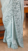 Powder blue semi tussar silk saree with applique and cutwork