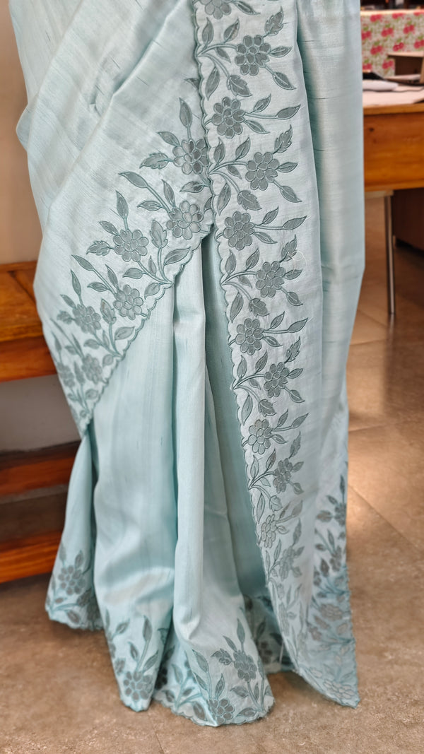 Powder blue semi tussar silk saree with applique and cutwork
