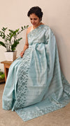 Powder blue semi tussar silk saree with applique and cutwork