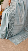 Powder blue semi tussar silk saree with applique and cutwork