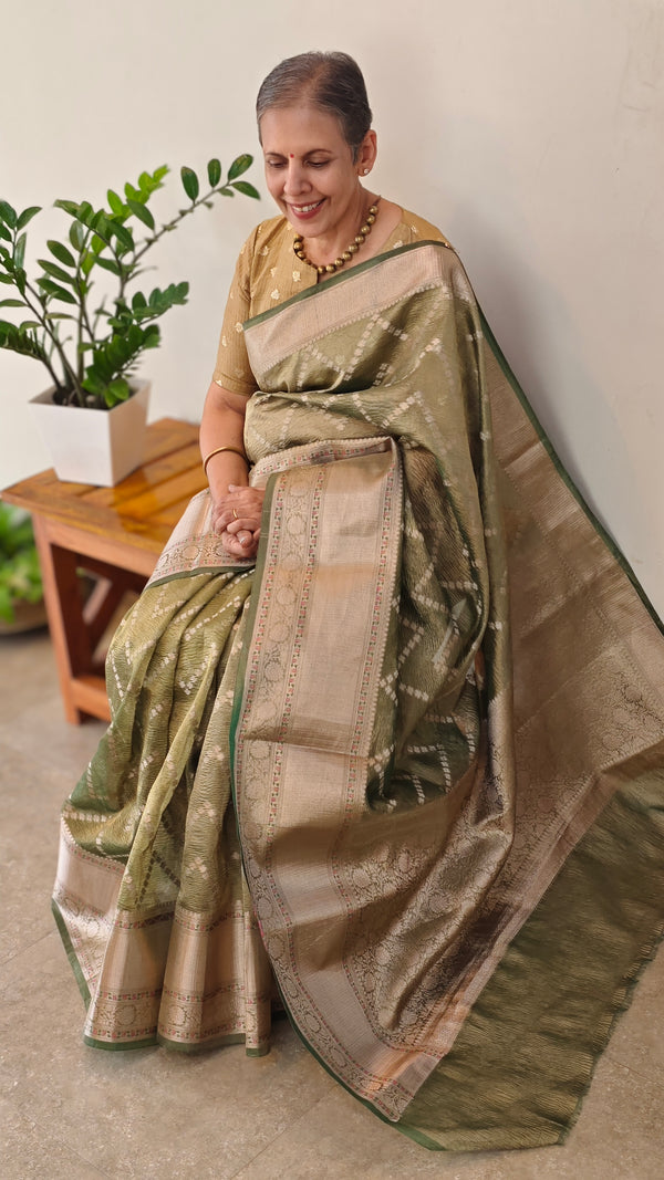 Olive green crushed organza banarasi saree