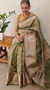 Olive green crushed organza banarasi saree