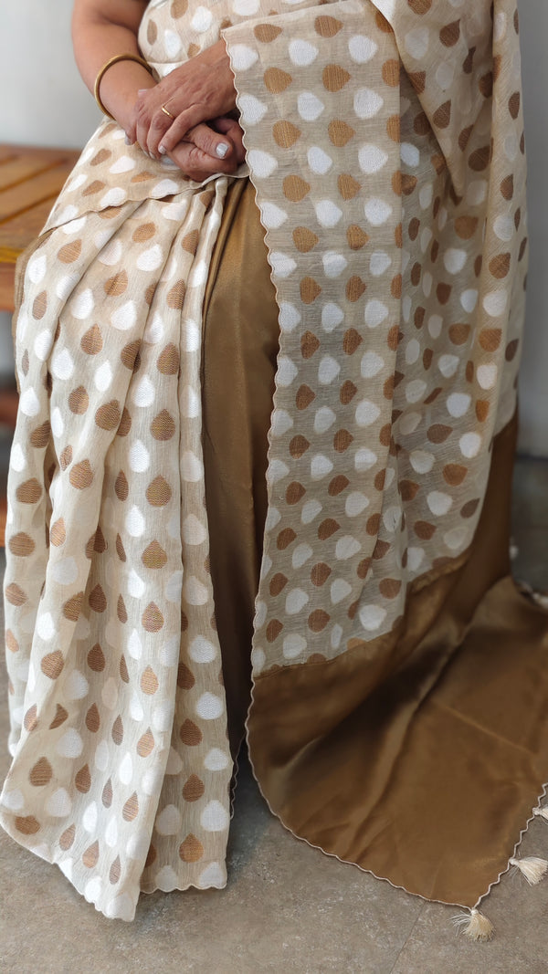 Cream and golden satin party wear saree