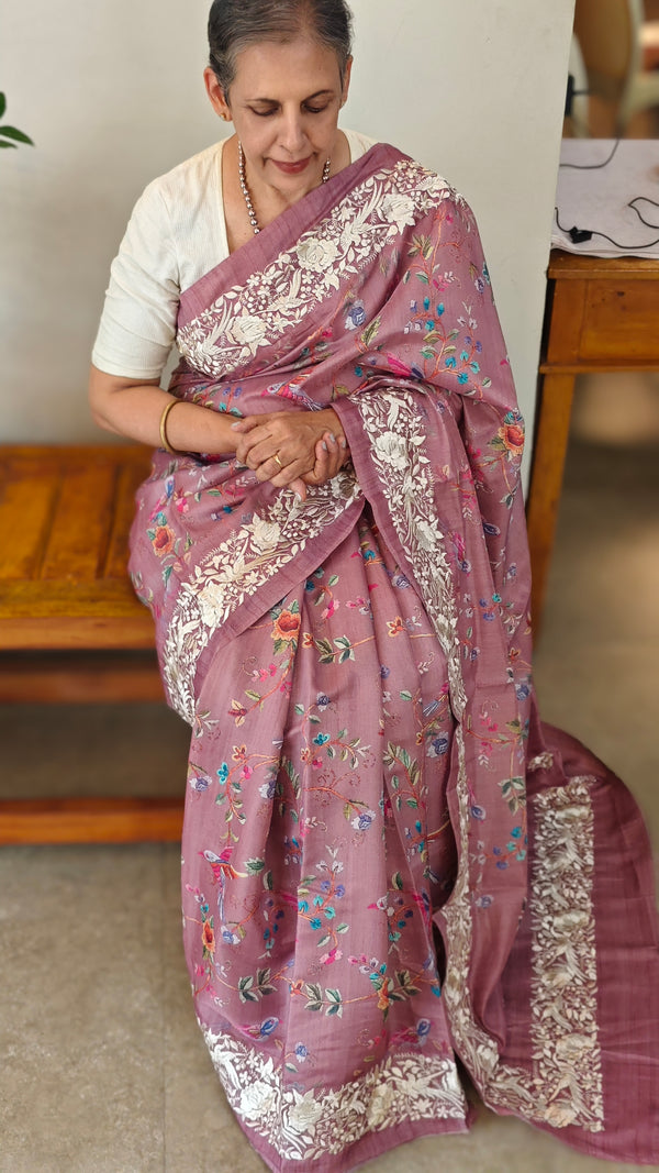 Mauve semi tussar silk saree