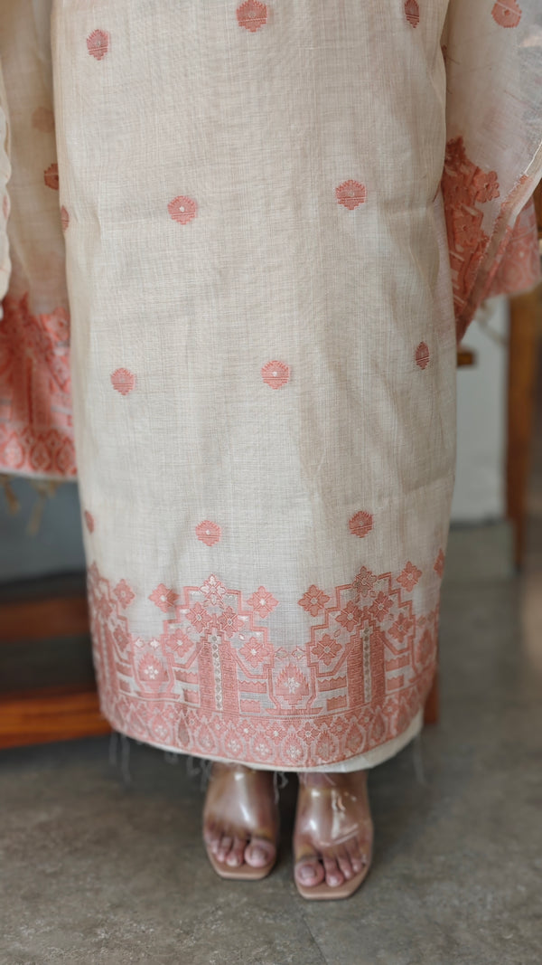 Light beige and peach Linen chanderi jamdanisuit - 4982