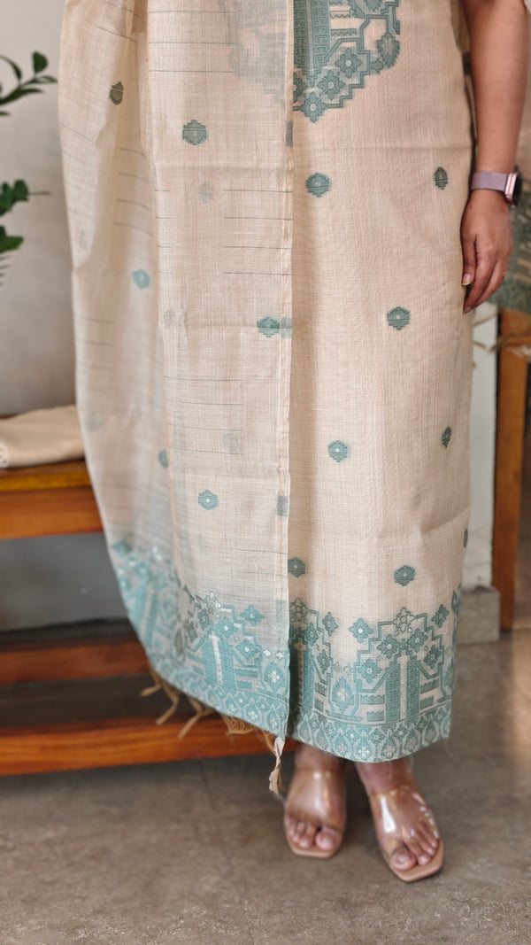Light beige and teal linen chanderi jamdani suit -4982