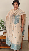 Light beige and blue linen chanderi jamdani suit - 4982