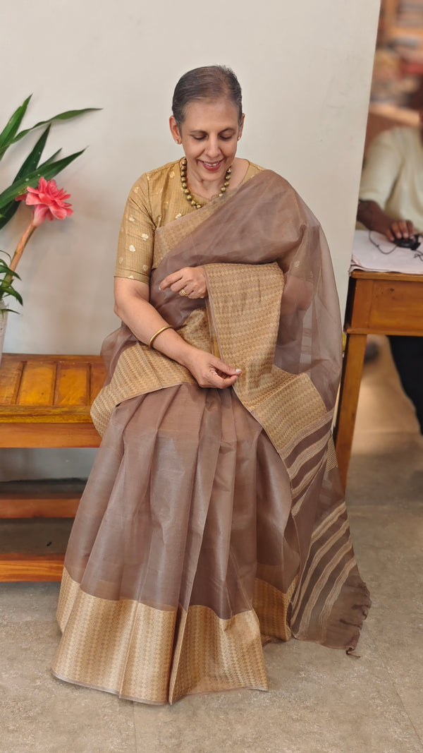 Taupe shade organza silk saree