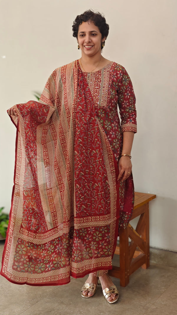 Brick red cotton kurti set