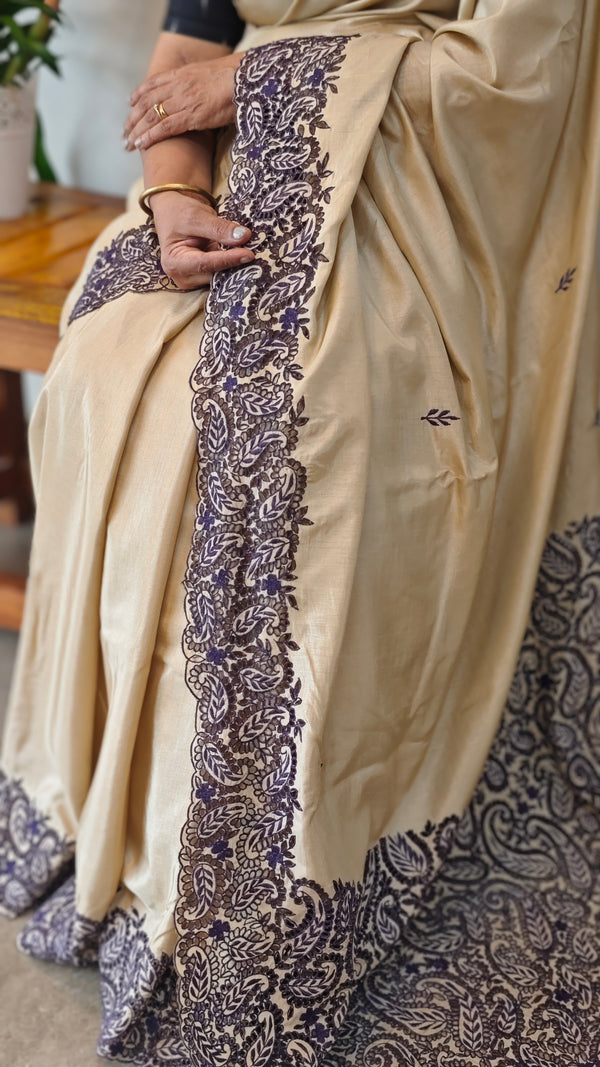 Beige semi silk cutwork saree