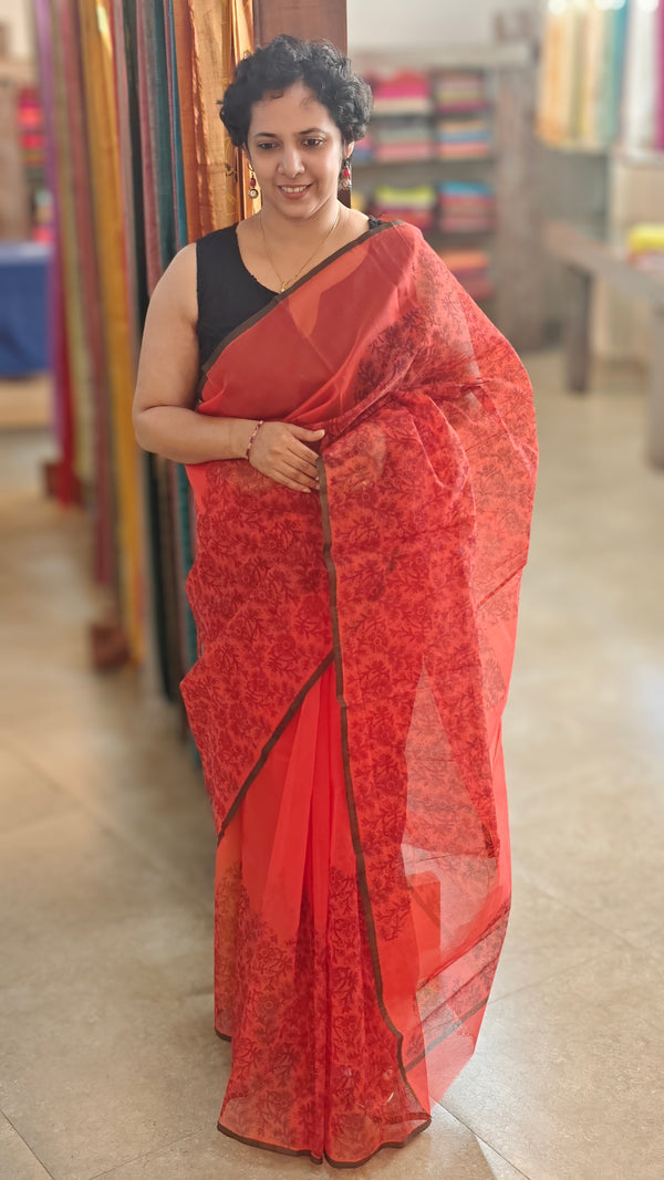 Red block printed net kota saree
