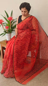 Red block printed net kota saree