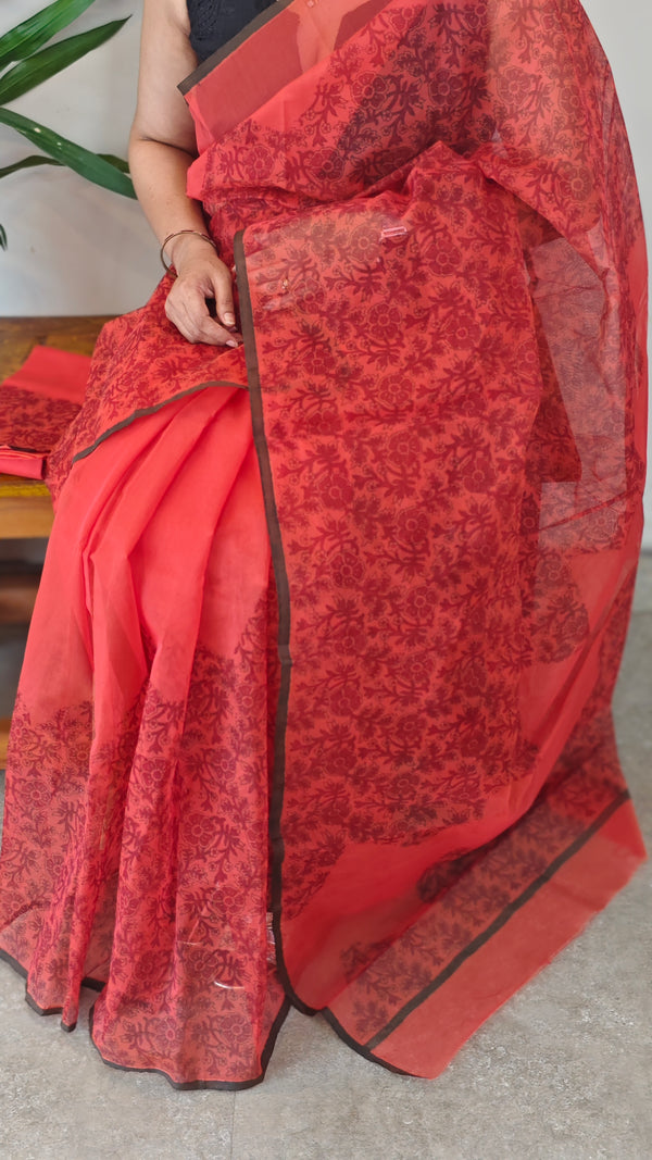 Red block printed net kota saree