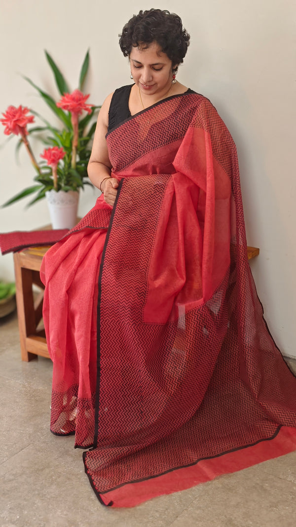 Red block printed net kota saree