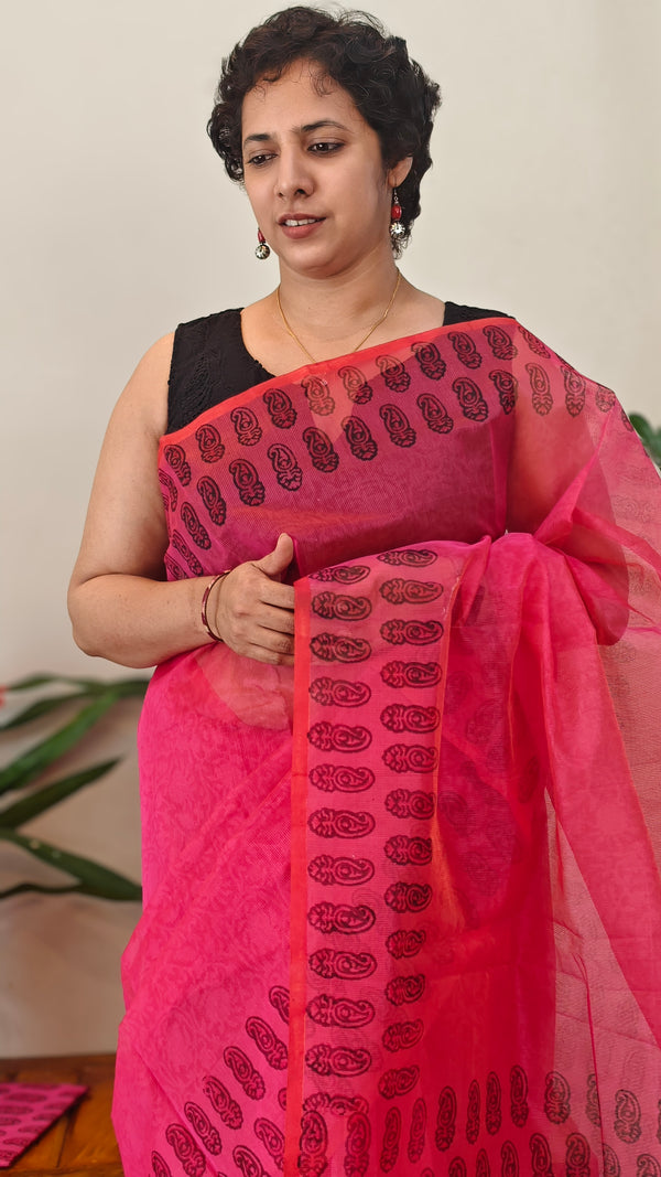 Pinkish red net kota saree