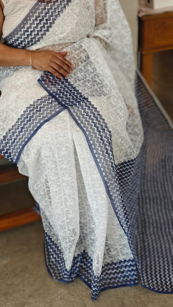 White and blue tepchi kota saree
