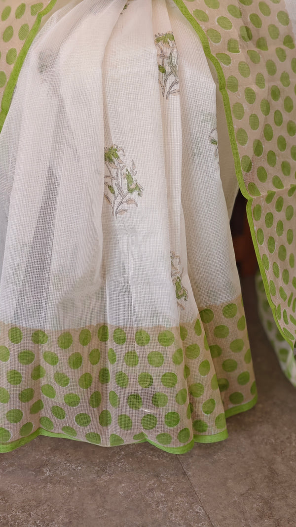 Off white and lime green net kota saree