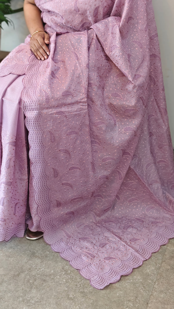 Lilac embroidered net kota saree