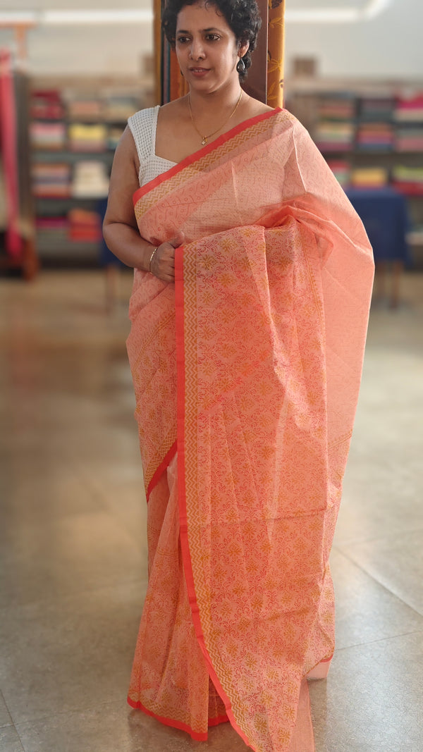 Peach printed net kota saree