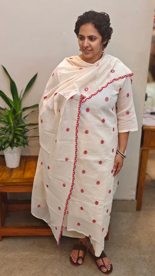 Off white and red net kota kurti set