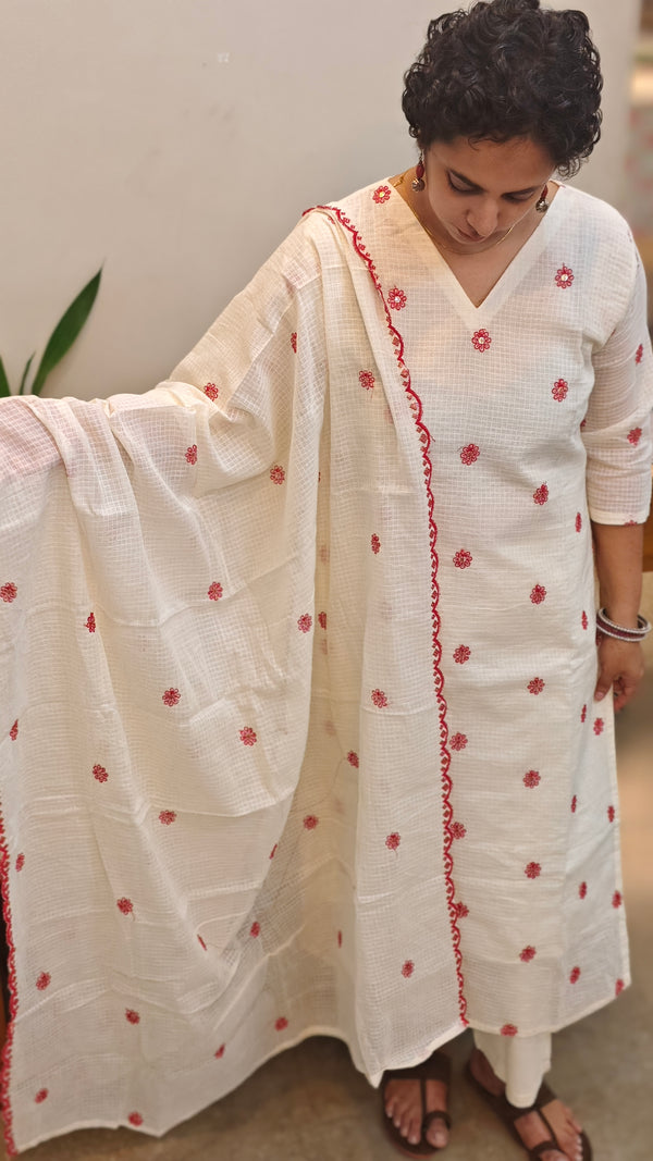 Off white and red net kota kurti set