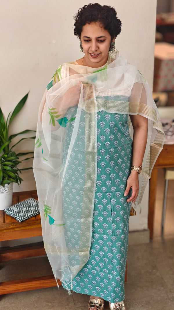 Block printed cotton suit with organza dupatta